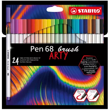 STABILO Pen 68 Brush ARTY Edition 24-Piece Cardboard Case - Flexible Brush Tip Felt-Tip Pens for Hand Lettering, Bullet Journaling, and Illustration