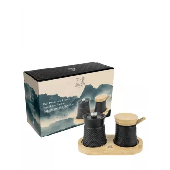 Peugeot Bali Fonte Cast Iron Salt & Pepper Mill Set with Wooden Tray, 8 cm, Black