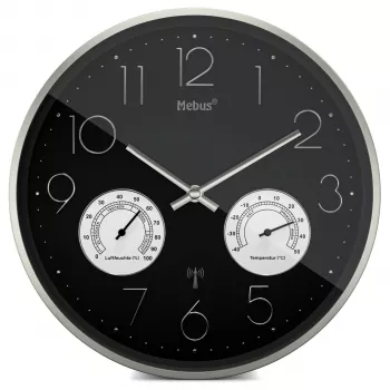 MEBUS 12988 Radio Wall Clock with Thermo-Hygrometer - Silver/Grey Frame, White Dial, Analog Time Display, Digital Temperature & Humidity, DCF77 Radio Controlled