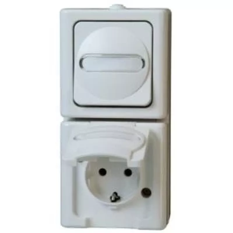 HEINRICH KOPP Kombination Vertical Switch/Schuko Socket Surface-Mounted Damp-Proof IP44 Arktis Arctic White (130802000)