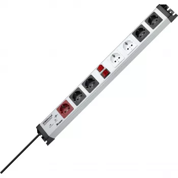 Heinrich Kopp POWERversal Power Strip with 7 AC Outlets, Type F, IP20, 3600 W, Black/Grey/Red/White, 1.4 m Cable