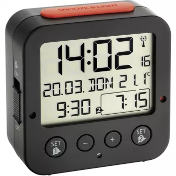 TFA Bingo Black Digital Radio-Controlled Alarm Clock with Indoor Temperature