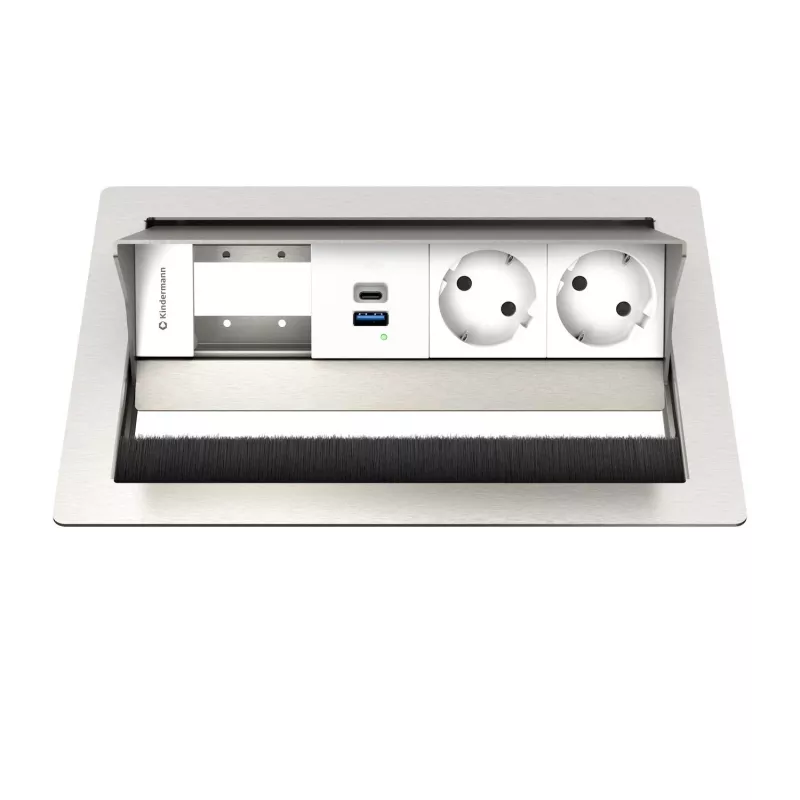 Kindermann CP Standard² VA 4f. Desktop Connection Panel with 2x Schuko Outlets and 1x USB-A Charging Port, Silver/Black