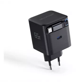 RealPower GaN Charger 65W Black with 2x USB-C PD, Compact and Powerful