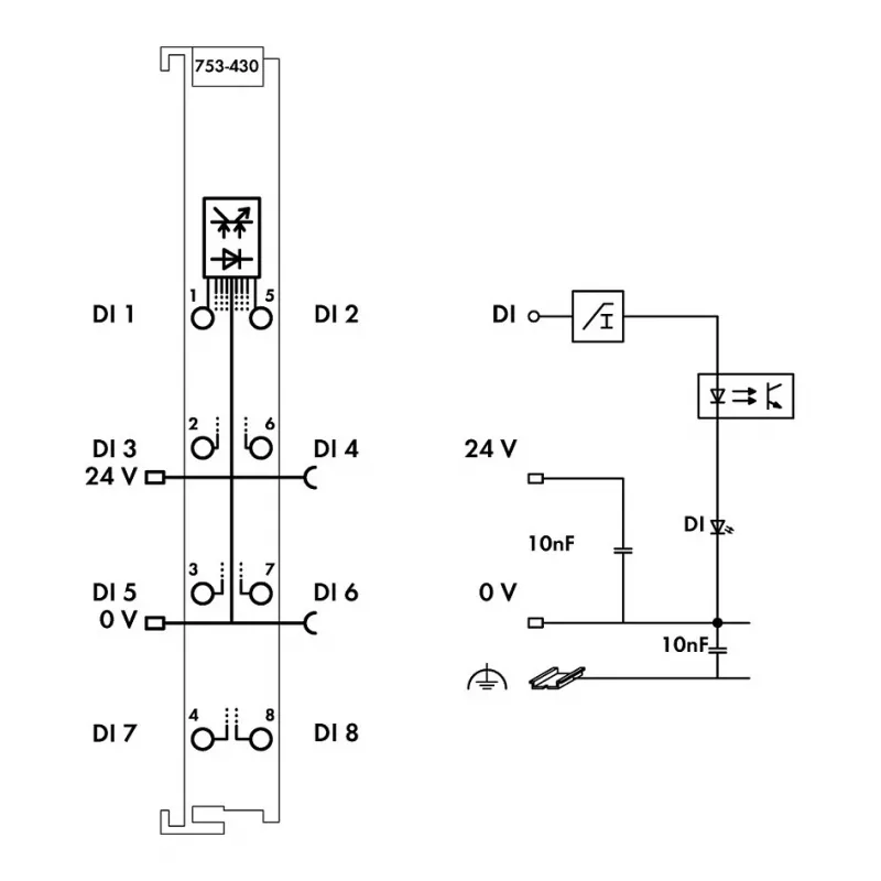 WAGO 753-430 - 8-Channel Digital Input Module, 24 VDC, 5 kV Isolation, CAGE CLAMP, DIN Rail