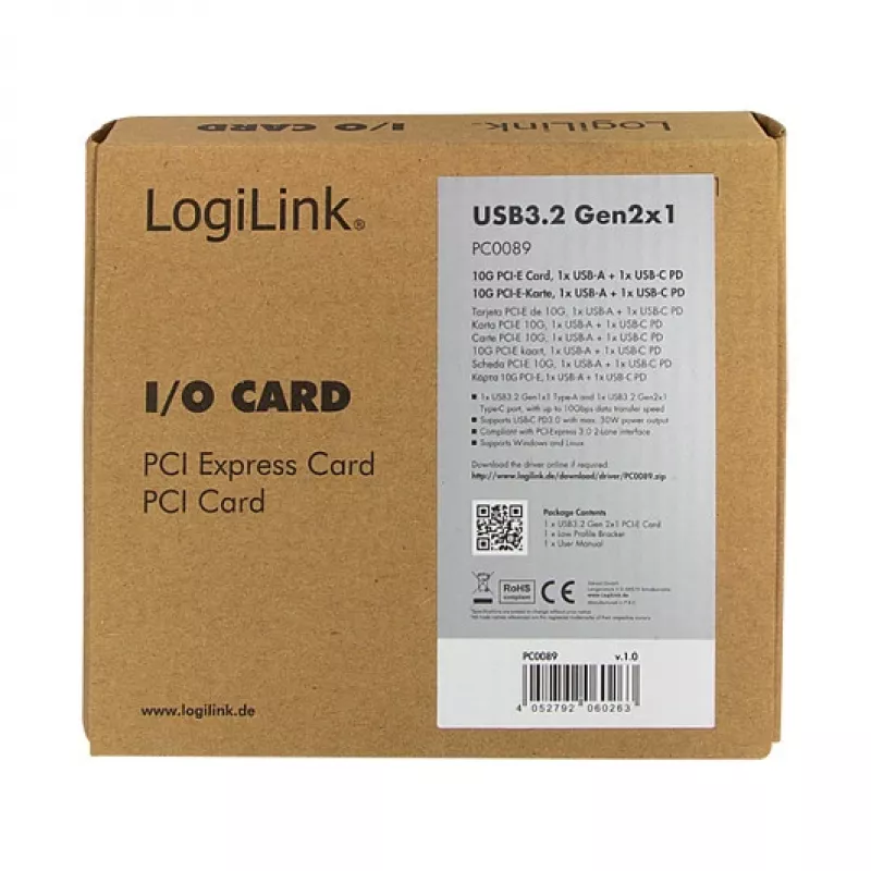 LogiLink PCI Express USB 3.2 Card, 5 Gbps, 2 External + 3 Internal USB-A Ports