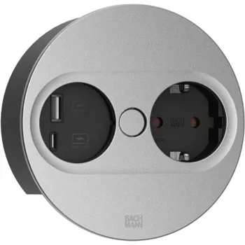 Bachmann TWIST 2 Power Strip with 1x Schuko Outlet and 1x USB A/C, 2.0m Cable, Black/Stainless Steel