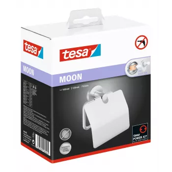 Tesa MOON Toilet Paper Holder with Lid, Self-Adhesive, Stainless Steel Look, Silver, 1 Piece