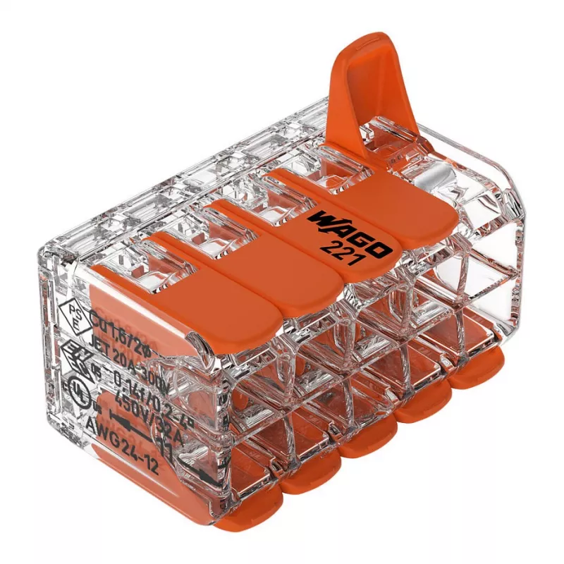 WAGO 221-420 Compact Splicing Connector with Levers, 10-Conductor, 0.2-4 mm², Transparent Housing, Orange Lever, 10-Pack