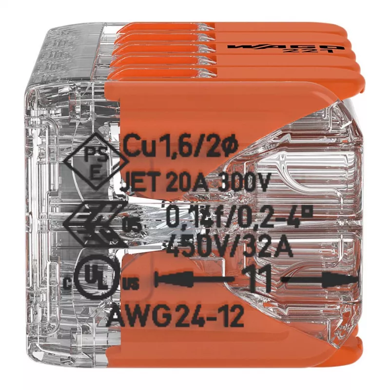 WAGO 221-420 Compact Splicing Connector with Levers, 10-Conductor, 0.2-4 mm², Transparent Housing, Orange Lever, 10-Pack