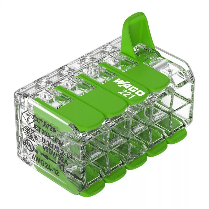 WAGO 221-430 COMPACT 2-Conductor Connector, 0.2-4 mm², 15 pcs, Green Range