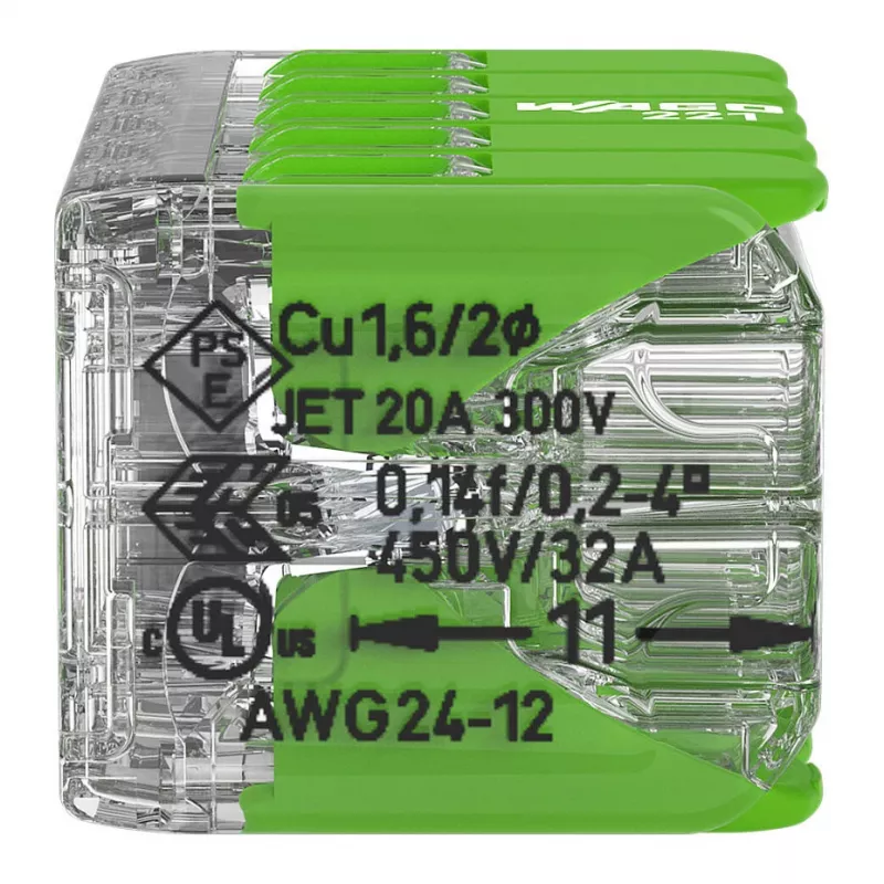 WAGO 221-430 COMPACT 2-Conductor Connector, 0.2-4 mm², 15 pcs, Green Range
