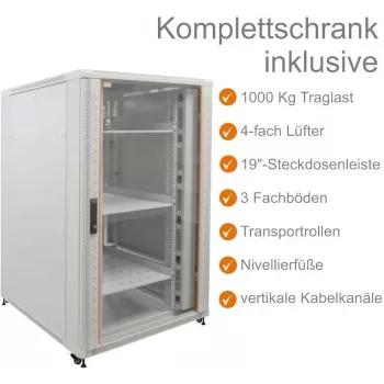 IT-BUDGET 19 inch Network Cabinet SRK - Complete Set - 27U - 800x800 mm - Viewing/Solid Sheet Metal Door - 4 Active Fans - PDU - Shelves - Flatpack - Light Grey (90ITB19SRK2788GG)