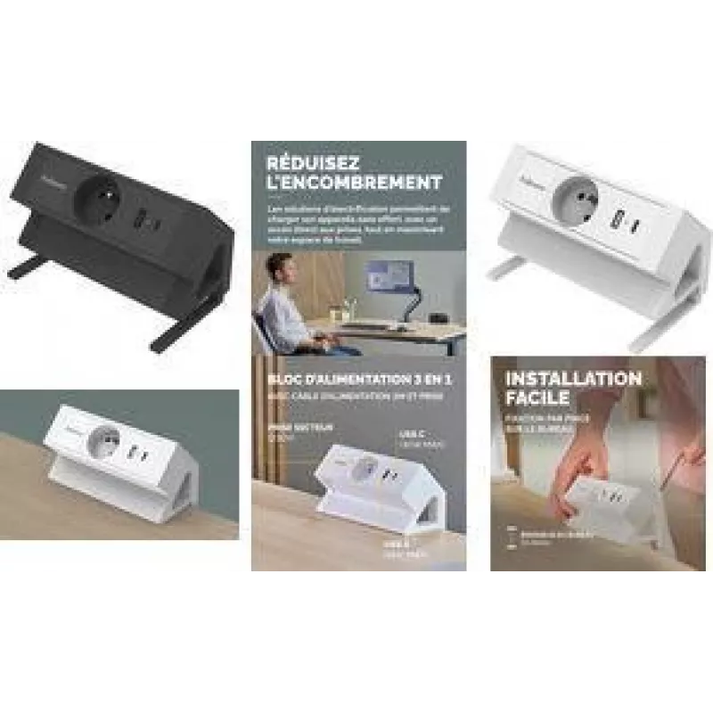 Fellowes Power Desk Desk Power Strip Type E White 3 AC Outlets 2 USB-A 2m Cable