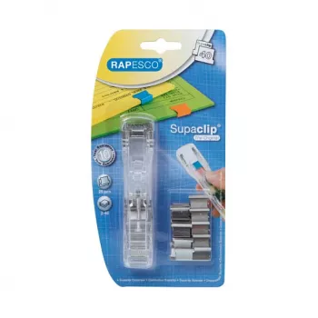 Rapesco Supaclip 40 Dispenser - Transparent - 40 Sheets - Stainless Steel Clips - 8 Clips Included