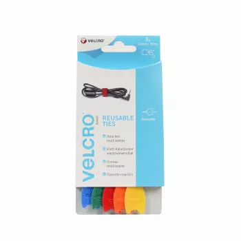VELCRO VEL-EC60250 Hook and Loop Cable Ties - Assorted Colors (Blue, Green, Orange, Red, Yellow) - 20 cm x 12 mm - 5 Pack