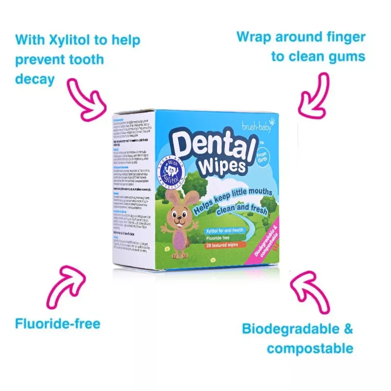 BRUSH BABY Dental Wipes with Xylitol for Cleaning Gums and Milk Teeth 0-16 Months 28 Wipes