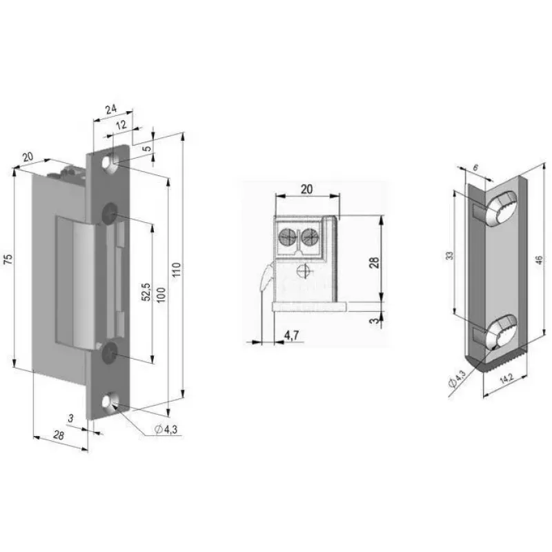 SCOT ES-S12AC/DC-B PROFI Symmetrical Electric Strike with Lock, 12V AC/DC, Fail-Secure, 3000N Holding Force, Grey/Silver