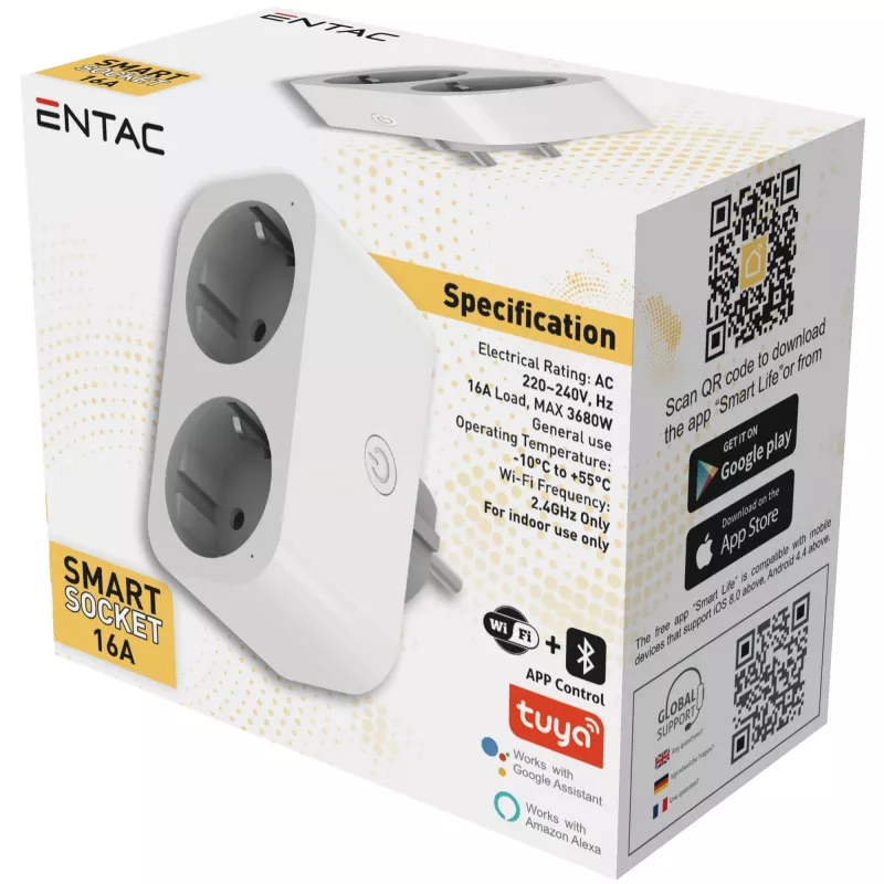 ENTAC Smart WiFi Double Socket Adapter ES-DSA-WIBLE, White, 2 Outlets, 3680W