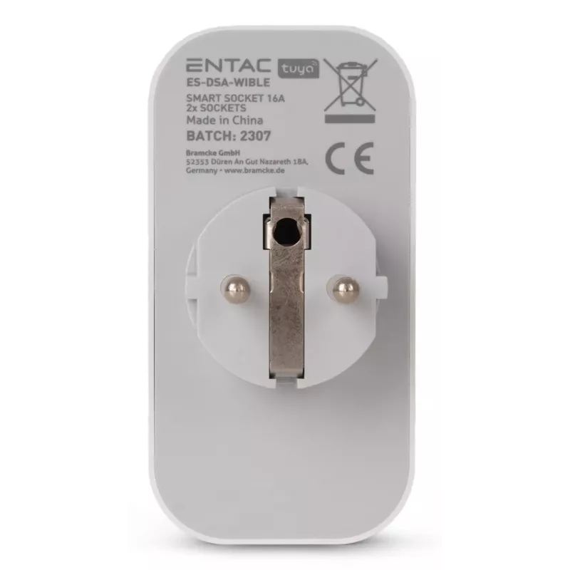 ENTAC Smart WiFi Double Socket Adapter ES-DSA-WIBLE, White, 2 Outlets, 3680W