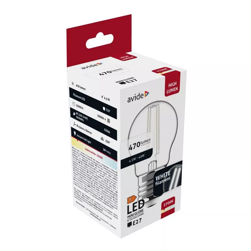 Avide LED Bulb White Filament Mini Globe 4.5W E27 Warm White 2700K