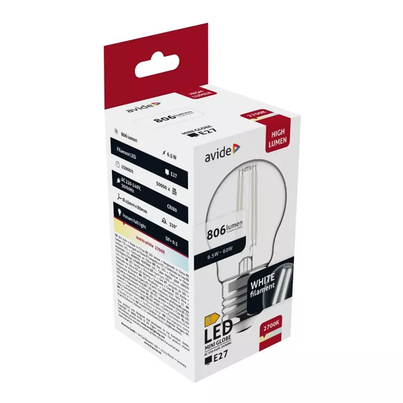 Avide LED Bulb White Filament Mini Globe 6.5W E27 Warm White 2700K