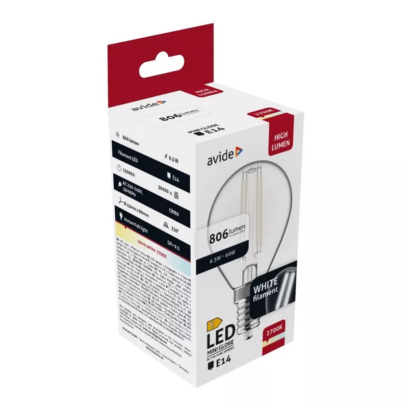 Avide LED Bulb White Filament Mini Globe 6.5W E14 Warm White 2700K