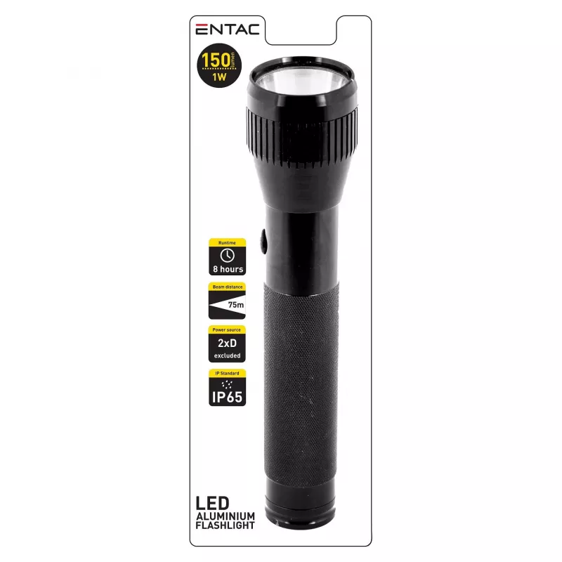 ENTAC EFL-2D-ALU 2D Aluminium Flashlight with Krypton Bulb, 20 Lumens, 60m Beam, IPX4, Silver