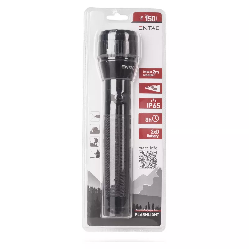 ENTAC EFL-2D-ALU 2D Aluminium Flashlight with Krypton Bulb, 20 Lumens, 60m Beam, IPX4, Silver
