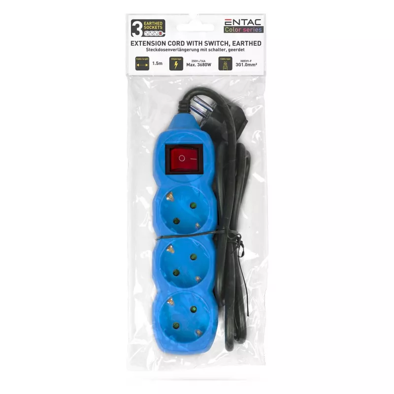 ENTAC Power Strip 3-Way 1.5m Switch Blue