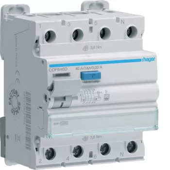 Hager CDF640D Residual Current Circuit Breaker 4-Pole 10kA 40A 30mA Type F