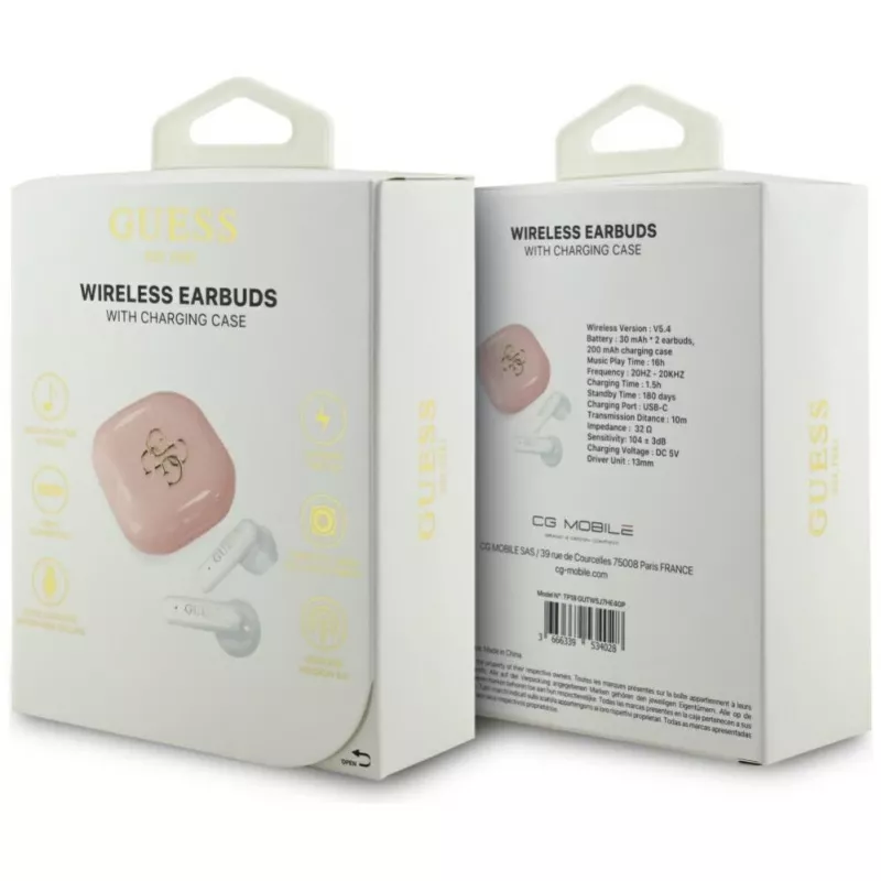 Guess 4G Metal Logo True Wireless Stereo Bluetooth 5.0 Earbuds with Charging Case - Pink