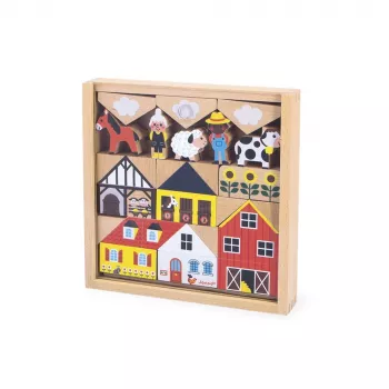 Janod Wooden Building Blocks & Figures Set 34-Piece Village Cross Roads 2+