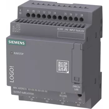 Siemens LOGO! 24 RCEo 6ED1052-2HB08-0BA3 Logic Module, 24V AC/DC, 8 DI/4 AI/4 DQ Relay, No Display, Ethernet