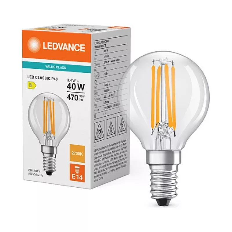 Osram LED Classic P 40 Filament 3.4W 827 Clear E14 LED Lamp, Mini Globe