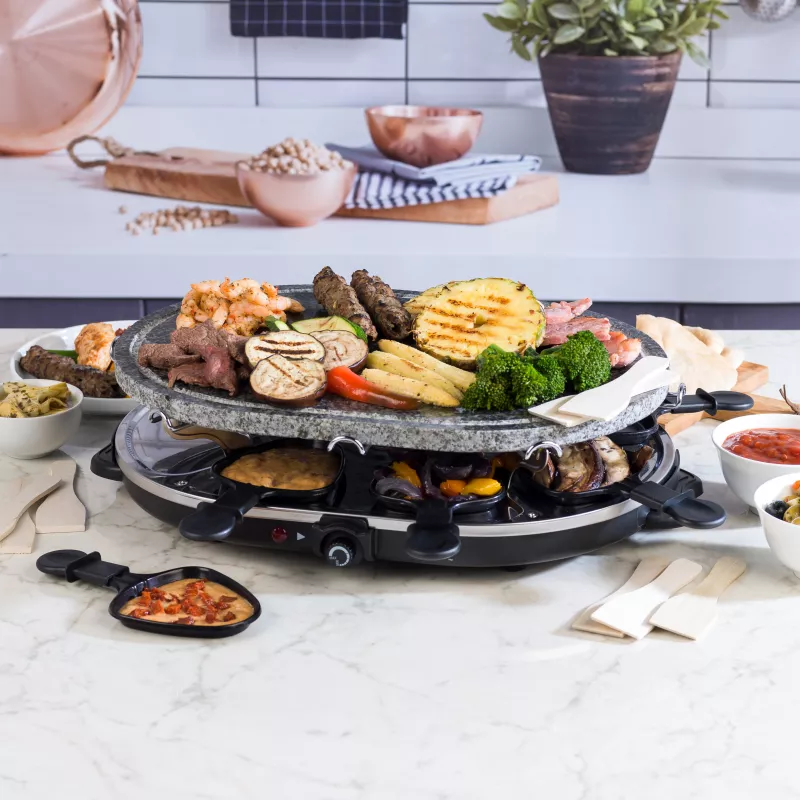 Giles & Posner EK1872GV2VDE Tabletop Stone Raclette Grill - 1200W, Serves 8, Black/Grey