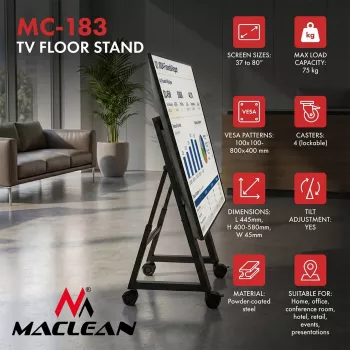 Maclean MC-183 Mobile TV Floor Stand/Trolley for 37-80 inch Screens, VESA up to 800x400, 75kg, Lockable Wheels, Black