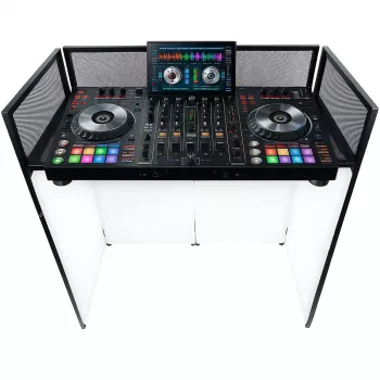 MOZOS EPDJ-100 DJ Booth Facade with Table - Large Screen, White Panel, Black Frame