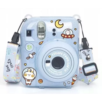 LOVEINSTANT Protective Case for Fujifilm Instax Mini 12 - Escape From Earth, Blue Glitter with Stickers and Photo Pocket