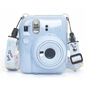 LOVEINSTANT Protective Case for Fujifilm Instax Mini 12 - Escape From Earth, Blue Glitter with Stickers and Photo Pocket
