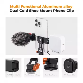 K&F Concept KF31.094 MS18 Smartphone Tripod Mount - 360° Rotatable Metal Phone Holder with 1/4 inch Thread, Arca-Swiss Base, Cold Shoe, Black