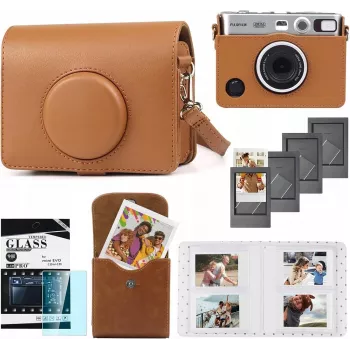 LOVEINSTANT 5-in-1 Kit: Protective Case + Tempered Glass + 64-Pocket Photo Album + Photo Pouch + Frames for Fuji Instax Mini Evo / Brown