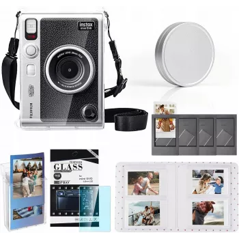 LOVEINSTANT 6-in-1 Kit: Transparent Hard Case + Tempered Glass Screen Protector + 64-Pocket Photo Album + Lens Cap + Photo Frames + Shoulder Strap for Fujifilm Instax Mini Evo