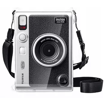 LOVEINSTANT 6-in-1 Kit: Transparent Hard Case + Tempered Glass Screen Protector + 64-Pocket Photo Album + Lens Cap + Photo Frames + Shoulder Strap for Fujifilm Instax Mini Evo