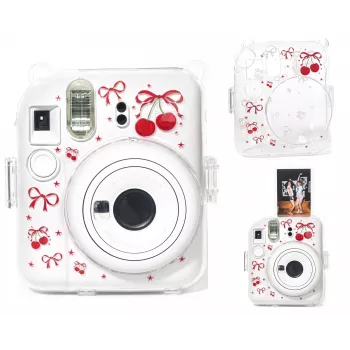 LOVEINSTANT Hard Protective Case for Fujifilm Instax Mini 12 - Red Cherries Pattern with Shoulder Strap