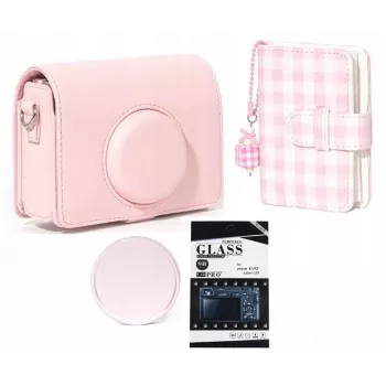LOVEINSTANT 4-in-1 Kit Case Photo Album LCD Screen Protector Lens Cap for Fujifilm Instax Mini Evo - Pink