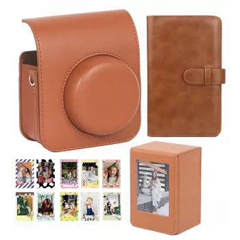 LOVEINSTANT 4-in-1 Kit: Camera Case, Photo Album, Storage Box, Stickers for Fuji Instax Mini 41 - Brown