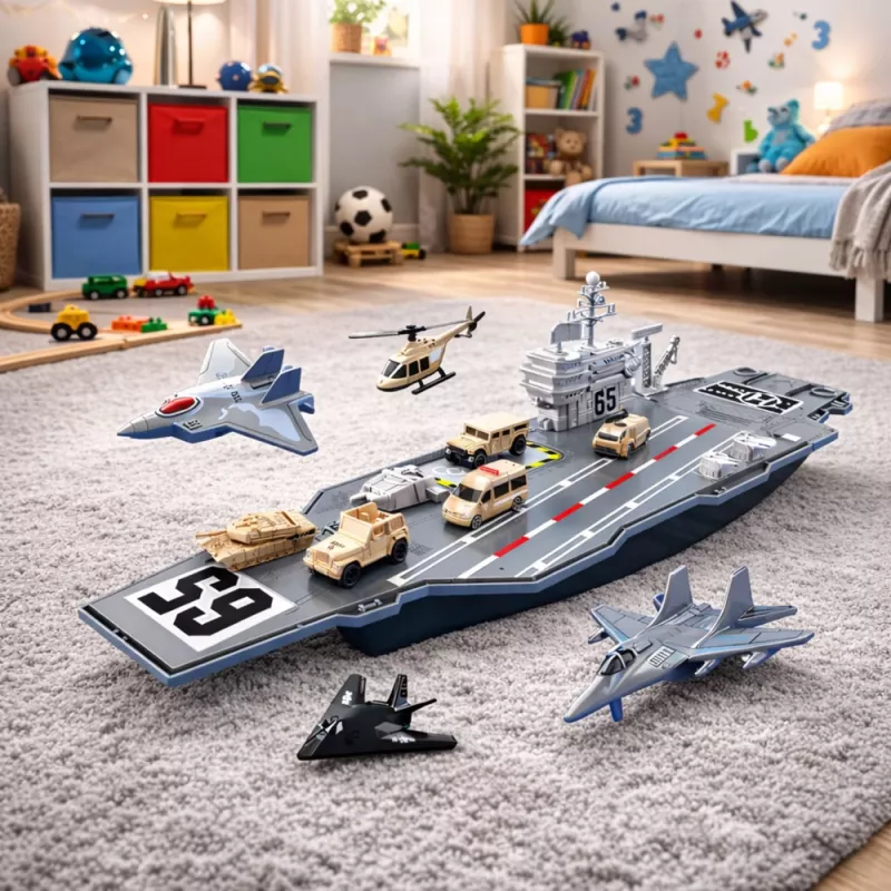 LEAN TOYS Large Military Aircraft Carrier with Fighters, Tanks, and Vehicles 70cm