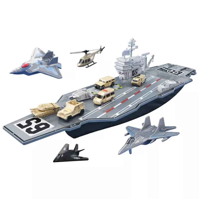 LEAN TOYS Large Military Aircraft Carrier with Fighters, Tanks, and Vehicles 70cm
