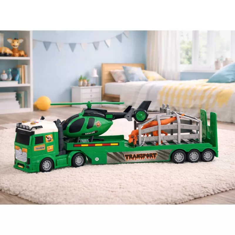 LEAN TOYS Dinosaur Transport Set: Truck, Tow Truck, Helicopter, Lights, Sound